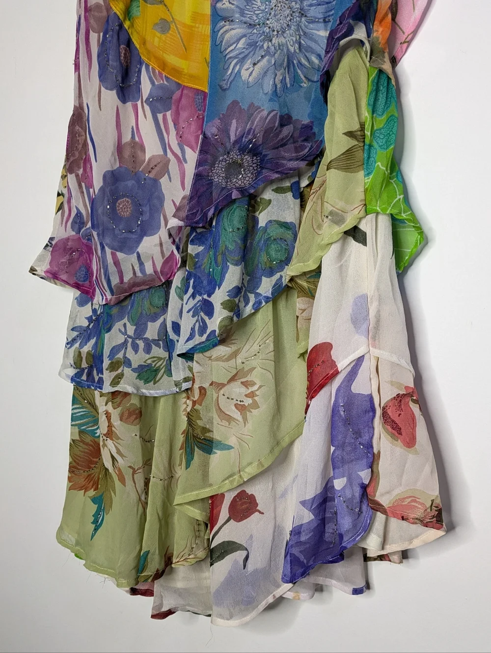 Sacred Threads Colorful Patchwork Floral Chiffon Layered Skirt L - Picture 3 of 8